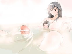 1boy 1futa bath bathing between_breasts big_breasts big_penis biku_dai black_hair breasts censored_penis completely_nude cute duo erect_penis erection futa_giantess futa_is_bigger futa_on_male futanari giant giant_futanari giantess human light-skinned_futanari light_skin macro macro_futa male micro_in_cleavage micro_male micro_on_macro mini_futa_giantess mini_giantess nude nude_futanari pale_skin panah partially_submerged penis penis_awe person_between_breasts size_difference smaller_male steam water