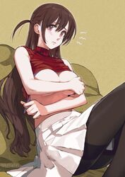 artist_name bare_arms black_legwear blush braid breasts brown_hair cleavage clenched_teeth commission covering_nipples embarrassed female french_braid high_resolution jun_(seojh1029) kanojo_okarishimasu large_breasts long_hair making-of_available mizuhara_chizuru pantyhose red_eyes red_sweater sitting skeb_commission skirt sleeveless sleeveless_turtleneck solo sweater sweater_vest tearing_up teeth tied_hair turtleneck turtleneck_sweater white_skirt