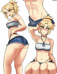 1girls arcsinge ass blonde_hair blush breasts embarrassed fate/grand_order fate_(series) female green_eyes minishorts mordred_(fate) multiple_views shorts thick_thighs thighs thong white_background wide_hips