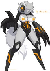 absurd_res anthro big_breasts big_fangs big_hands breasts clothing cybernetics cyborg domi-0 domino_sisters exposed_breasts female fluffy fluffy_tail fur grey_body grey_fur hair hi_res ineffective_clothing inverted_nipples kemono long_hair machine mask nipples nude orange_nipples robot solo white_body white_fur yamame513