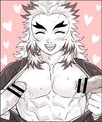 3boys abs bar_censor blush closed_eyes cum demon_slayer erection gay kimetsu_no_yaiba male male_only marotoskin monochrome muscular nipple_play nipple_stimulation nipple_teasing open_mouth open_shirt pecjob pecs penis pink_background precum rengoku_kyoujurou smile solo_focus sweat thick_eyebrows two_tone_hair upper_body veiny_penis yaoi