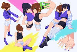 2girls arm_support bangs bare_shoulders black_footwear black_hair black_shirt black_shorts blush boots breasts brown_eyes brown_hair closed_mouth crossed_legs female hand_on_another's_shoulder hand_on_hip head_tilt hibike!_euphonium high_heel_boots high_heels high_resolution holding holding_hands holding_object holding_phone jacket jacket_on_shoulders kamo_kamen kousaka_reina large_breasts leaning legs_together long_hair long_sleeves looking_at_another looking_down medium_breasts medium_hair midriff multiple_girls multiple_views nail_polish navel oumae_kumiko outstretched_arm phone ponytail purple_eyes purple_footwear purple_jacket purple_shirt self_shot selfie shirt shoes short_shorts shorts sitting sleeveless sleeveless_shirt standing thighhighs tied_hair white_background white_jacket white_legwear white_shorts yuri