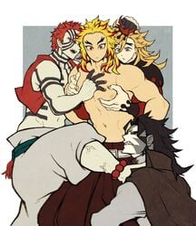 4boys akaza_(kimetsu_no_yaiba) blonde_hair body_markings demon_boy demon_slayer douma facial_markings fangs gay grey_skin groping groping_from_behind hair_grab hairo_(kimetsu_no_yaiba) human kimetsu_no_yaiba long_hair_male male male_only mozu multiple_boys muscular pale_skin pec_grasp red_hair rengoku_kyoujurou sharp_teeth short_hair spiky_hair thick_eyebrows topless two_tone_hair veins yaoi