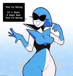 1girls alternate_version_available blue_gloves blue_lipstick clothed clothed_female clothing deltarune deltarune_chapter_2 english_text female female_only gloves mole mole_under_eye motion_lines peach_(fruit) queen_(deltarune) redskinnedmess robot robot_girl solo_female text text_box visor white_skin