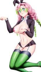 big_breasts blush braided_hair bunny_ears demon_slayer erect_nipples female female_only garter_straps green_eyes heart_pasties kanroji_mitsuri kimetsu_no_yaiba long_hair looking_at_viewer mole_under_eye pasties pink_hair pussy_pasty reverse_bunnysuit shinjicoca smile solo stockings thighhighs two_tone_hair