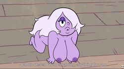 accurate_art_style amethyst_(steven_universe) artist_signature chubby hair_over_one_eye hanging_breasts huge_breasts nerota nipples nude nude_edit nude_female nude_filter photoshop purple_nipples screen screen_capture screen_face screencap screenshot screenshot_edit seductive smaller_female steven_universe subtitled third-party_edit