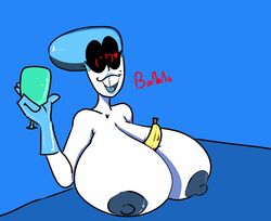 1girls alternate_breast_size banana big_breasts blue_gloves breasts cl0wn_meat cup deltarune deltarune_chapter_2 female female_only food food_between_breasts gloves holding_cup holding_object huge_breasts kris_get_the_banana mole mole_under_eye nipples queen_(deltarune) solo_female tooth_gap visor wine_glass