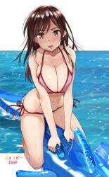 artist_name bangs bare_shoulders bikini breasts brown_eyes brown_hair clavicle cleavage eyelashes female high_resolution horizon huge_breasts inflatable_animal inflatable_dolphin inflatable_toy john_mangalile kanojo_okarishimasu large_breasts light_background long_hair looking_at_viewer mizuhara_chizuru navel ocean open_mouth outdoors pink_bikini pink_swimsuit pixiv_id_41878467 riding shiny shiny_hair side-tie_bikini simple_background solo swimsuit thighs water water_float white_background