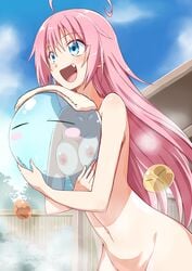 1girls big_breasts blue_eyes blush breasts breasts_on_back female hair_down horny midriff milim_nava naked navel nipples oerba_yun_fang pink_hair rimuru_tempest slime slime_monster tensei_shitara_slime_datta_ken yuto