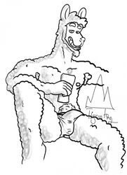 bedroom_eyes bulge camelid clothing hi_res llama male mammal monochrome narrowed_eyes seductive speedo swimwear tigonking2.0