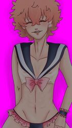 closed_eyes crossdressing ear_piercing femboy fluffy_hair kawata lipstick male_only nahoya_kawata orange_hair sailor_collar short_skirt skinny tiny_skirt tokyo_revengers