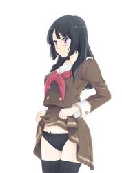 black_hair black_panties black_underwear blue_eyes blush clothes_pull female hibike!_euphonium holding_skirt kousaka_reina lifted_by_self lingerie long_hair long_sleeves looking_away neckerchief original pantsu red_neckerchief red_neckwear sailor school_uniform serafuku skirt skirt_lift skirt_pull solo takahashi_mugi thighhighs thighs underwear white_background