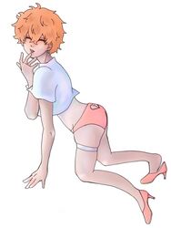 closed_eyes crop_top crossdressing ear_piercing femboy fluffy_hair girly heels high_heels male male_only nahoya_kawata orange_hair panties sissy tokyo_revengers trap