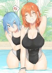 big_breasts blue_hair ear_piercing long_hair nahoya_kawata orange_hair pool rule_63 siblings souta_kawata souya_kawata swimsuit tokyo_revengers