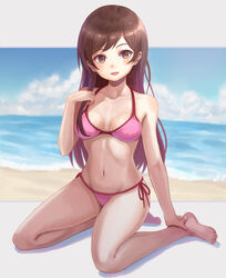 bangs bare_shoulders barefoot beach bikini blurry blurry_background blush breasts brown_eyes brown_hair clavicle cleavage clothing cloud day depth_of_field feet female female halterneck hand_on_chest hand_on_own_chest hand_on_own_foot head_tilt horizon kanojo_okarishimasu kneeling letterboxed long_hair looking_at_viewer medium_breasts mizuhara_chizuru navel ocean open_mouth outside_border pink_bikini pink_swimsuit purea side-tie_bikini sky smile solo string_bikini swept_bangs swimsuit water