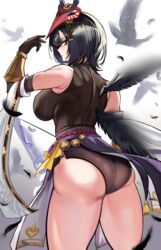 1girls 2021 ass ass_focus black_clothing black_elbow_gloves black_gloves black_hair black_long_gloves breasts elbow_gloves feathered_wings feathers female female_focus female_only genshin_impact gloves hi_res highleg_leotard huge_breasts kujou_sara large_ass leotard light-skinned_female light_skin long_gloves looking_at_viewer looking_back looking_over_shoulder loooyd mask mask_on_head short_hair sideboob simple_background thick_thighs thighs white_background wings yellow_eyes