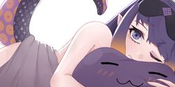 1girls closed_mouth eyelashes eyeliner eyemask fan_mascot_(vtuber) female female_focus female_only hololive hololive_english hololive_myth light_skin long_hair looking_at_viewer multicolored_hair naked nicosarea ninomae_ina'nis plushie pointy_ears purple_eyes purple_hair sleepy solo tako_(ninomae_ina'nis) takodachi tentacle virtual_youtuber white_background