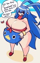 1girls beach beach_ball blue_hair disgaea disgaea_d2 gensin hourglass_figure laharl laharl-chan large_breasts nippon_ichi_software solo solo_female thick thick_thighs voluptuous