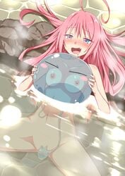 1girls big_breasts blue_eyes blush breasts breasts_on_back censored censored_pussy drooling female fingering fingering_pussy hair_down heart-shaped_pupils horny interspecies milim_nava naked nipples oerba_yun_fang partially_submerged pink_hair pool rimuru_tempest slime slime_monster tensei_shitara_slime_datta_ken thighs water_sex wet yuto