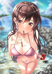 beach between_breasts bikini blue_sky blush breasts brown_eyes brown_hair clavicle cloud day eyebrows_visible_through_hair female food hair_between_eyes kanojo_okarishimasu large_breasts long_hair looking_at_viewer midriff mizuhara_chizuru mouth_hold navel outdoors pink_bikini pink_swimsuit pixiv_id_2682698 pocky side-tie_bikini sky solo standing sunbeam sunlight sweets swimsuit water wet yan-yam