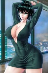 1girls areola_bulge arms_up bangs big_ass big_breasts bob_cut breasts busty cleavage clothed clothing dark_green_hair dress erect_nipples eye_contact eyelashes female female_focus female_only fringe front_view fubuki_(one-punch_man) green_clothes green_eyes green_hair hourglass_figure kactzzu large_breasts light-skinned_female light_skin lips lipstick medium_hair midriff miniskirt navel nipple_bulge one-punch_man short_hair smile smiling smiling_at_viewer solo solo_female solo_focus thick_thighs thighs tight_clothing tits toned toned_body toned_female toned_stomach