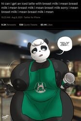 anthro areolae bear big_breasts breasts breasts_out_of_clothes dialogue female giant_panda iced_latte_with_breast_milk joaoppereiraus mammal meme nipples original_character panda sueli_(joaoppereiraus)