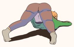 all_fours ass_up belly big_butt blonde_hair bubble_butt jack-o_pose looking_back navel seductive shenpai sweater white_background yoga_pants