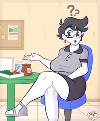 1girls big_breasts black_and_white_body black_and_white_drawing black_hair casual clothed_female colorless female female_only glasses lonely-labs molly_collingwood pale-skinned_female safe sandals scp_foundation short_hair solo tales_from_the_foundation white_skin