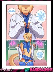 5_fingers anthro bed bite biting_lip biting_own_lip black_border blonde_hair blue_bottomwear blue_clothing blue_legwear blue_necktie blue_panties blue_skirt blue_stockings blue_underwear border bottomwear brown_body brown_fur brown_nose bulge clothed clothing comic conditional_dnp crossdressing dialogue english_text femboy fingers front_view fur furniture green_eyes hair hardblush inside legwear looking_at_viewer male male_only mammal microskirt midriff miniskirt mink mustelid musteline necktie onomatopoeia open_mouth panties self_bite shirt skimpy skirt solo sound_effects sparkles speech_bubble stockings tan_body tan_fur text tight_clothing tokifuji topwear true_musteline underwear undressing white_clothing white_shirt white_topwear