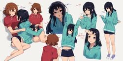 2girls bangs barefoot black_hair brown_eyes brown_hair closed_eyes closed_mouth couple embracing eyebrows_visible_through_hair feet female flying_sweatdrops hair_between_eyes hibike!_euphonium high_resolution hizamakura hug kamo_kamen kousaka_reina long_hair long_sleeves multiple_girls multiple_views navel open_mouth oumae_kumiko parted_lips puffy_short_sleeves puffy_sleeves purple_eyes shoes short_hair short_sleeves shorts sneakers sweatshirt white_background yuri