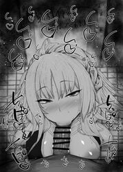 1boy 1girls :>= big_breasts big_penis black_and_white blowjob blush caren_hortensia_(amor_caren) caren_ortensia censored dark-skinned_male dark_skin detailed_background drooling eyelashes fate/grand_order fate/hollow_ataraxia fate/kaleid_liner_prisma_illya fate_(series) fellatio female heart human indoor inside interracial kurotama long_hair looking_at_viewer male male_pov oral oral_sex room saliva shiny shiny_skin sketch skirt sound_effects squatting sweat swimsuit text type-moon vein veins veiny veiny_penis