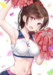 :d armpits artist_name bare_arms bare_shoulders breasts brown_hair cheerleader clavicle confetti crop_top female groin hair_ornament hair_scrunchie hakuda_tofu hand_up high_resolution holding holding_pom_poms kanojo_okarishimasu long_hair looking_at_viewer medium_breasts midriff mizuhara_chizuru motion_blur navel one_arm_up open-mouth_smile open_mouth pink_eyes pom_poms ponytail scrunchie shirt sidelocks sleeveless sleeveless_shirt smile solo stomach text tied_hair upper_body white_background white_shirt