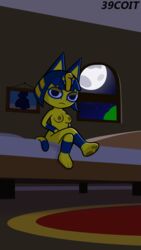 39coit animal_crossing ankha anthro barefoot bed bedroom bedroom_eyes blue_body blue_fur breasts crossed_legs detailed_background domestic_cat feet felid feline felis female fur furniture hi_res looking_at_viewer mammal narrowed_eyes nintendo nipples nude pawpads photo picture_frame seductive solo toony video_games yellow_body yellow_fur