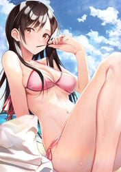 arm_support bangs bare_arms bare_legs bare_shoulders beach bent_knees bikini black_legwear blush breasts brown_eyes brown_hair clavicle cleavage cloud cloudy_sky day eating eyebrows_visible_through_hair feet_out_of_frame female food high_resolution holding holding_food holding_object kanojo_okarishimasu knees_up leaning_back legs long_hair looking_at_viewer medium_breasts midriff mizuhara_chizuru navel orange_eyes outdoors pink_bikini pink_ribbon pink_swimsuit pocky ribbon sand side-tie_bikini sitting sky solo sweatdrop sweets swimsuit underboob very_high_resolution wachiroku_(masakiegawa86) water wet