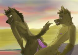 africa anthro bodily_fluids brown_body brown_eyes brown_fur brown_hair canid canine desert duo fur genital_fluids green_eyes hair hot_dogging hyaenid lake male male/male mammal precum sex smile turning wolfyalex96_(artist)