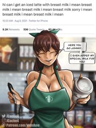 1girls alternate_version_available big_breasts breasts busty clothing dialogue english_text female iced_latte_with_breast_milk jcache kidnikee legs light-skinned_female light_skin meme no_bra no_panties original original_character speech_bubble starbucks text thick thick_thighs thighs voluptuous wide_hips