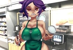 apron big_breasts breasts busty cleavage coffee coffee_cup divine_wine erect_nipples female female_focus female_only hourglass_figure iced_latte_with_breast_milk lactating lactation lactation_through_clothes large_breasts las_demoniacas_desventuras_de_vampiranhya meme nail_polish nipple_bulge penis purple_hair red_eyes sharp_teeth short_hair sideboob solo standing tagme thick_thighs vampiranhya vampiranhya_(artist) waitress waitress_uniform wide_hips