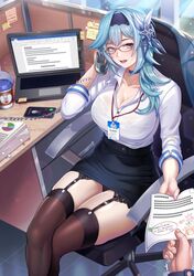 1girls aqua_hair black_garter_belt black_garter_straps black_legwear black_panties black_stockings breasts chair choker cleavage clothed clothing computer deep_cleavage electronics eula_(genshin_impact) female full_cleavage garter_belt garter_straps genshin_impact glasses hasaya id_card lanyard laptop large_breasts looking_at_viewer milf neckwear office office_lady pale_skin panties pantyshot pantyshot_(sitting) paper pencil_skirt phone secretary see-through see-through_clothing short_skirt sitting stockings thick_thighs thighhighs underwear white_shirt yellow_eyes