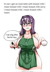 apron blush doki_doki_literature_club english_text iced_latte_with_breast_milk lactating lactation lactation_through_clothes light-skinned_female light_skin long_hair meme naked naked_apron purple_hair speech_bubble starbucks yudsnuts yuri_(doki_doki_literature_club)