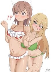 !? 2020s 2022 2girls bare_shoulders barefoot bikini blonde_hair blush breasts brown_eyes brown_hair collarbone embarrassed female female_focus female_only female_pervert grabbing_from_behind green_bikini groping groping_chest hi_res large_breasts matching_hair/eyes misaka_mikoto navel pervert red_bikini shokuhou_misaki signature simple_background small_breasts smirk star_(symbol) star_in_eye string_bikini swimsuit symbol_in_eye teenage_girl teenager teenager_on_teenager to_aru_kagaku_no_railgun to_aru_majutsu_no_index toes tongue tongue_out twitter_username unusual_pupils vaniste white_background young yuri