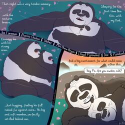 1:1 2021 anthro ari_guardian belly bite black_body black_nose blush closed_eyes comic cuddling dialogue dreamworks duo ear_bite english_text father father_and_child father_and_son giant_panda hi_res hug incest kung_fu_panda li_shan_(kung_fu_panda) lying male male/male mammal master_po_ping outside overweight overweight_male parent parent_and_child sleeping son text ursid white_body yaoi