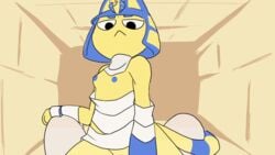 animal_crossing animated ankha anthro bandage blue_hair blue_nipples breasts clothed clothing cowgirl_position domestic_cat dragonweirdo duo egyptian felid feline felis female first_person_view frame_by_frame from_front_position grinding hair mammal nintendo on_bottom on_top sex video_games yellow_body