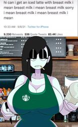 1girls alternate_costume apron bangs big_breasts black_eyes black_hair breasts busty cafe cigarette cleavage coffee_cup collarbone colored_skin cup disposable_cup earrings english_text female female_focus female_only goth green_apron holding holding_cup holding_pen hourglass_figure huge_breasts iced_latte_with_breast_milk indoors jewelry large_breasts long_hair looking_at_viewer marker meme naked_apron nude_apron pen photo_background saltynoodles sideboob smoking solo starbucks sunglasses tagme text veronica_(saltynoodles) wide_hips