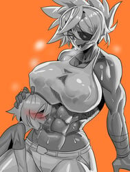 1boy 1boy1girl 1girls abs affection aroused bandaged_arm big_breasts blonde_hair bodily_fluids dark-skinned_female dark_skin debonair_diamond dumbbell eyepatch gym hand_on_hip happy_dom happy_sub heavy_blush heavy_breathing hips huge_ass huge_breasts licking_abs licking_sweat muscular muscular_female nipple_bulge post_workout red_eyes scars short_hair sorysam2005 sweat the_hunters_guild:_red_hood thick_thighs veiny_muscles wholesome wide_hips workout workout_clothes