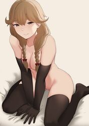 1girls alternate_version_available bbk_(13zk) bed bushidokuroi elbow_gloves faye_(fire_emblem) fire_emblem fire_emblem_echoes:_shadows_of_valentia gloves hair_covering_breasts looking_at_viewer mostly_nude naked_gloves naked_stockings nintendo nude nude_female second-party_source seductive smile solo thighhighs