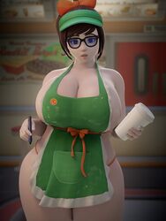 1girls 3d alternate_breast_size apron barista big_breasts blizzard_entertainment breasts breasts_bigger_than_head busty cleavage clothing curvy eyewear fast_food female female_focus female_only fugtrup glasses headwear honeydew_mei hourglass_figure huge_breasts iced_latte_with_breast_milk large_breasts mei_(overwatch) meme naked_apron outerwear overwatch solo standing thick_thighs uniform voluptuous waitress waitress_uniform wide_hips