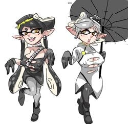 2girls batibatizekkyou big_breasts callie_(alterna) callie_(splatoon) coat fully_clothed inkling marie_(alterna) marie_(splatoon) open_mouth pointy_ears smooth_skin splatoon splatoon_3 splatoon_3:_return_of_the_mammalians standing tagme twintails yellow_eyes yellow_hair