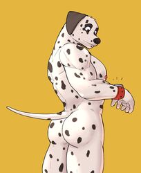 1boy 2021 anthro ass black_body black_fur black_spots canid canine canis clock dalmatian domestic_dog fur hi_res jrjresq looking_at_clock looking_at_watch male male_only mammal muscular muscular_anthro muscular_male nipples nude orange_background pecs rear_view simple_background solo spots spotted_body spotted_fur standing watch white_body white_fur