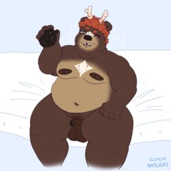 1:1 absurd_res anthro antlers balls balls_bigger_than_penis big_balls big_balls_small_penis black_nose black_penis blue_background brown_body brown_fur brown_nipples brown_penis dewlap_(anatomy) double_chin erection eyebrows foreskin front_view fupa fur genitals gesture glans hair handpaw hi_res horn humanoid_genitalia humanoid_penis hybrid looking_at_viewer male mammal markings_(fur) mattress moobs mullet multicolored_body nails navel nipples one_eye_closed orange_eyebrows orange_hair overweight overweight_anthro overweight_male paws penis scotch_barter scotchantlers signature simple_background sitting small_penis smile solo sparkles tan_body tan_fur teeth thick_thighs tooth_gap uncircumcised ursid ursine waving white_body white_fur wink winking_at_viewer