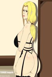 1girls ass big_ass big_breasts blonde_hair bra breasts brown_eyes busty female female_only from_behind garter_belt garter_straps huge_breasts impuredoncelle large_breasts lingerie mature mature_female naruto naruto_(series) naruto_shippuden panties solo solo_focus stockings tsunade underwear voluptuous